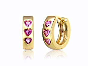 Pink Color Cubic Zirconia, 14k Gold Plated over Brass Triple Stone Hoop Earrings for Kids/Teens