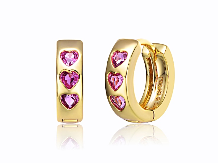 Pink Color Cubic Zirconia, 14k Gold Plated over Brass Triple Stone Hoop Earrings for Kids/Teens