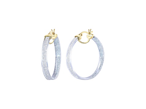 14K Yellow Gold Over Sterling Silver With Silver Color Glitter Clear Acrylic Hoops