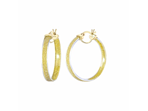 14K Yellow Gold Over Sterling Silver With Gold Color Glitter Clear Acrylic Hoops