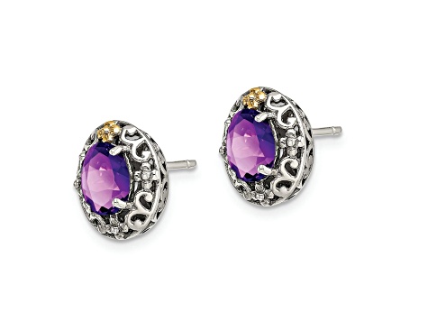 Sterling Silver Antiqued with 14K Accent Amethyst Post Earrings