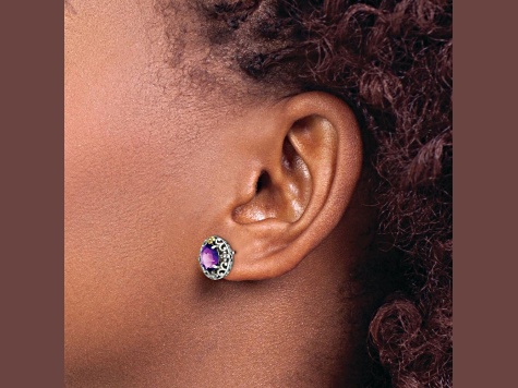 Sterling Silver Antiqued with 14K Accent Amethyst Post Earrings