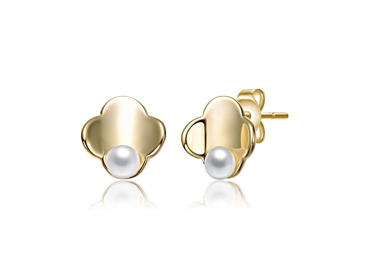 White Mother of Pearl, 14K Gold Plated over Brass Clover Stud Earrings for Kids