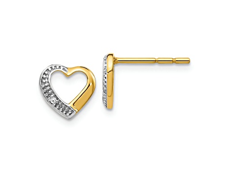 14k Yellow Gold and Rhodium Over 14k Yellow Gold Diamond Heart Stud Earrings