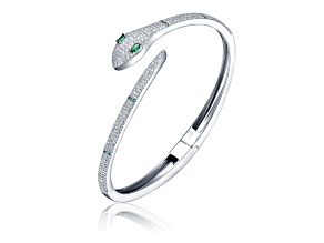 Rhodium Plated over Brass with Emerald Green Cubic Zirconia Snake Bypass Cuff Bracelet