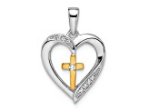 14K Yellow and White Gold Heart with Cross Diamond Pendant