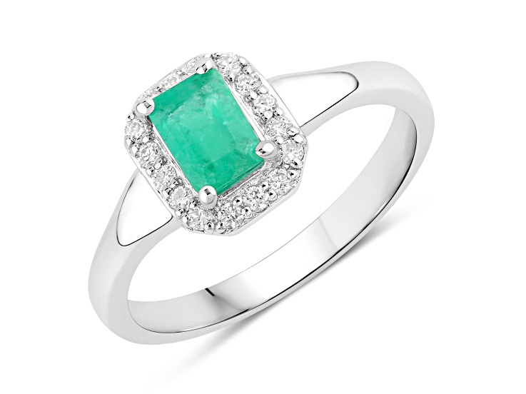 Zambian Green Emerald and Lab Grown Diamond Rhodium Over Silver Halo Ring 0.71ctw