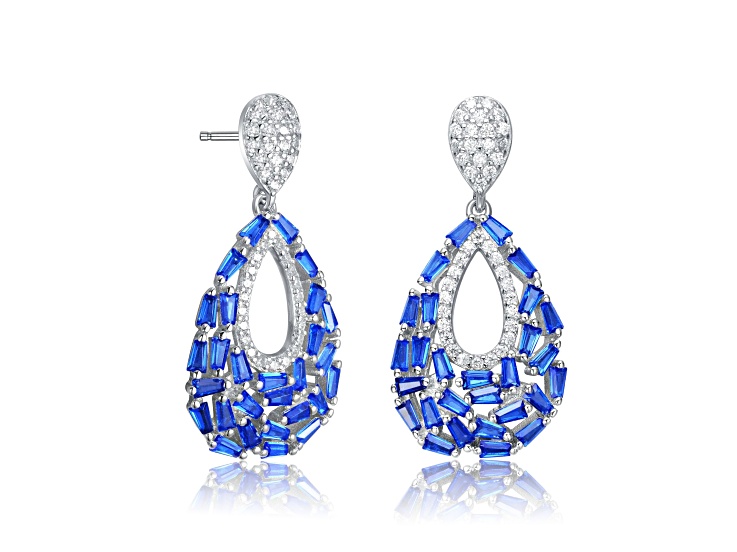Sapphire Blue Cubic Zirconia, Rhodium Plated over Sterling Silver Pear Shape Drop Earrings