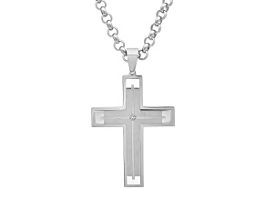 Stainless Steel and 0.04ctw Diamond Accent Grooved Cross Pendant With Chain