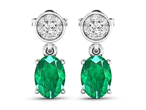 1.12ctw 14K White Gold  Zambian Green Emerald and White Diamond Halo Earrings