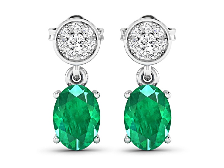 1.12ctw 14K White Gold Zambian Green Emerald and White Diamond Halo Earrings