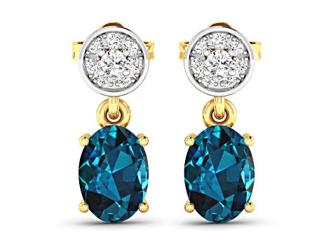 1.40ctw 14K Yellow Gold London Blue Topaz  and White Diamond Halo Earrings