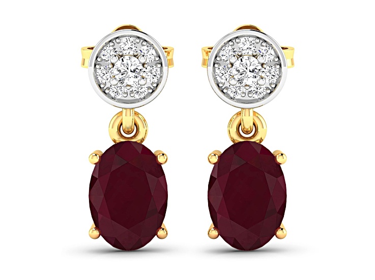 1.70ctw 14K Yellow Gold Red Ruby and White Diamond Halo Earrings