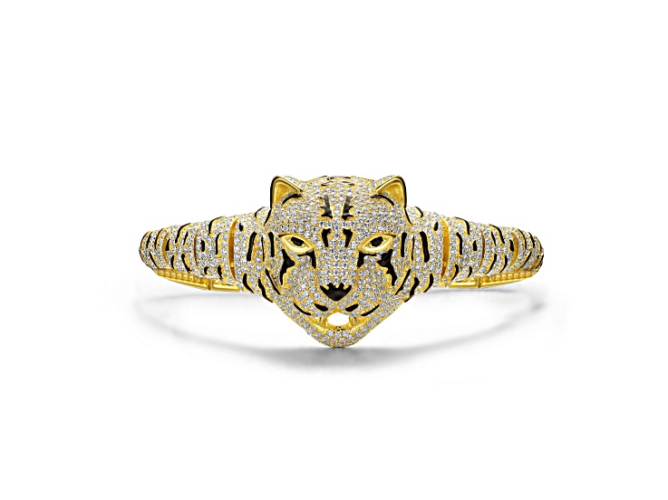 Clear Cubic Zirconia, 14k Yellow Gold Plated over Sterling Silver Leopard Bangle Bracelet