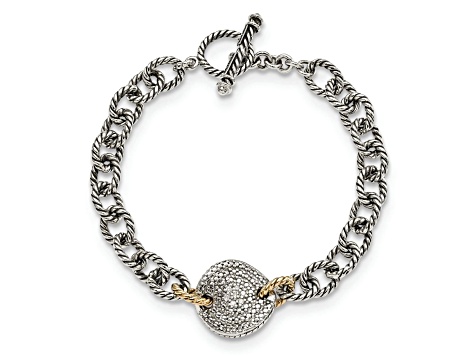 Sterling Silver with 14K Gold Over Sterling Silver Oxidized 0.035ct. Diamond 7.5-inch Link Bracelet