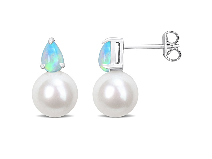 8.5-9MM Freshwater Cultured Pearl and 7/8 CT TGW Ethiopian Opal Earrings in Sterling Silver