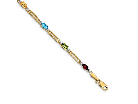 14k Yellow Gold and Rhodium Over 14k Yellow Gold Multi-gemstone and Diamond Rainbow Bracelet
