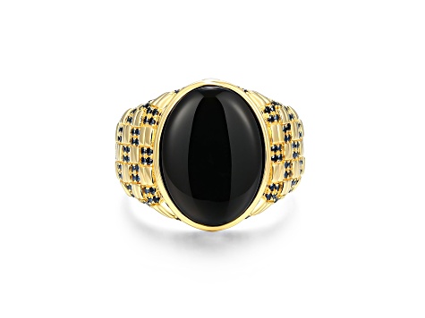 Black Agate and Genuine Black Spinel 18k Yellow Gold Over Sterling Silver Men's Ring 0.74ctw