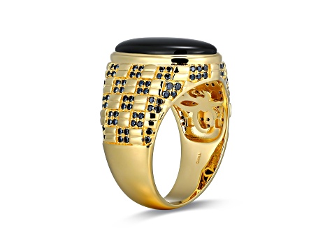 Black Agate and Genuine Black Spinel 18k Yellow Gold Over Sterling Silver Men's Ring 0.74ctw