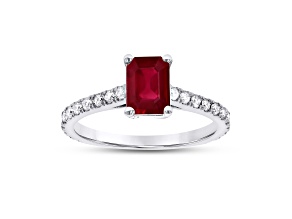 1.36ctw Diamond and Emerald Cut Ruby Engagement Ring 14k White Gold