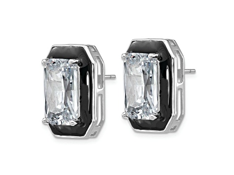 Rhodium Over Sterling Silver Polished Black Enamel and Cubic Zirconia Post Earrings