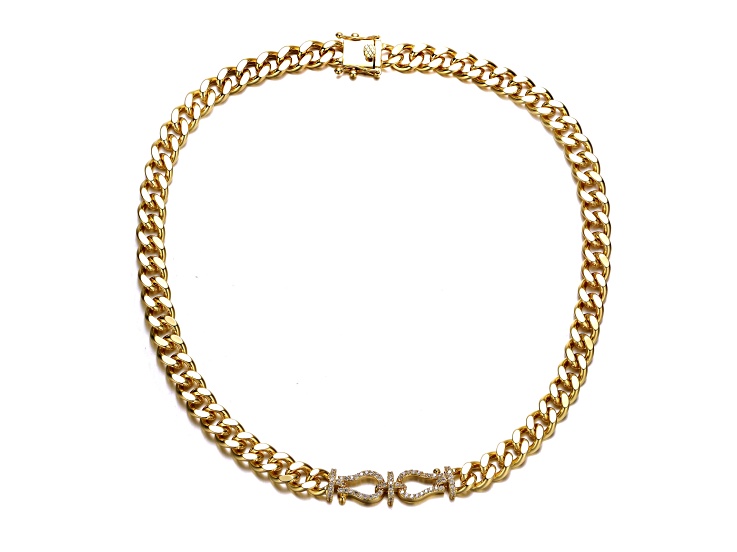 Clear Cubic Zirconia, 14k Gold Plated over Brass Miami Cuban Chain Door Knocker Necklace