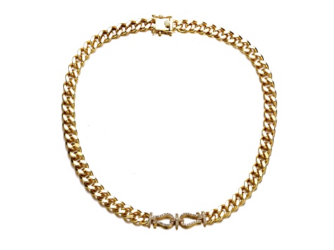 Clear Cubic Zirconia, 14k Gold Plated over Brass Miami Cuban Chain Door Knocker Necklace