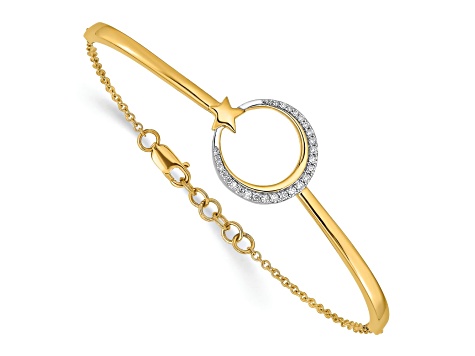 14k Yellow Gold and Rhodium Over 14k Yellow Gold Polished Moon and Star Diamond Bracelet