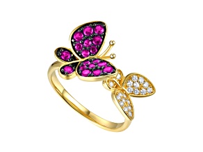 Ruby Red Cubic Zirconia, 14k Gold Plated over Sterling Silver Double Butterfly Stacking Ring