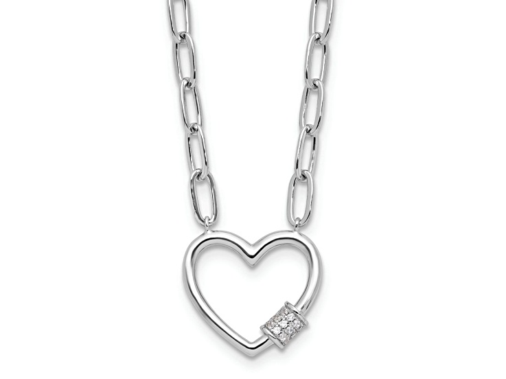 Rhodium Over Sterling Silver Cubic Zirconia Heart Paperclip Link 16-inch with 2-inch Ext. Necklace