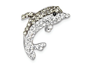 Rhodium Over Sterling Silver Polished Crystal Dolphin Chain Slide Pendant