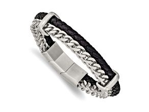 Black Leather and Stainless Steel Brushed and Chain 8-inch with 0.5-inch Extension Bracelet