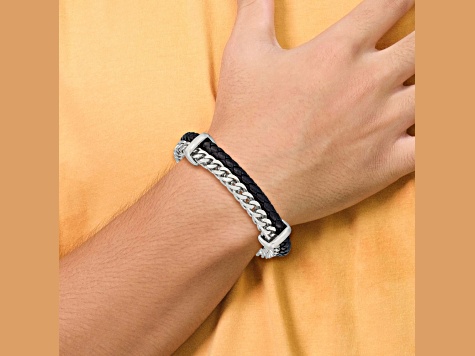 Black Leather and Stainless Steel Brushed and Chain 8-inch with 0.5-inch Extension Bracelet