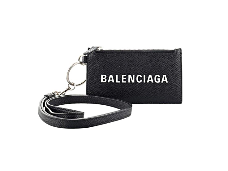 リアル Grain Black Logo Cash Balenciaga Leather Card Lanyard Neck 小物