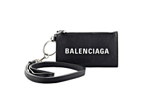Balenciaga Cash Logo Black Grain Leather Neck Lanyard Card Holder Wallet