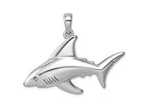 Rhodium Over Sterling Silver Polished Crystal Eye Shark Pendant