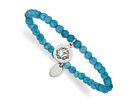 Stainless Steel Polished Lotus Blue Jade Beaded Stretch Bracelet