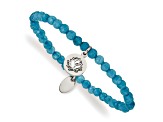 Stainless Steel Polished Lotus Blue Jade Beaded Stretch Bracelet