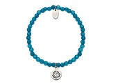 Stainless Steel Polished Lotus Blue Jade Beaded Stretch Bracelet