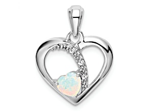 Rhodium Over 14k White Gold Lab Created Opal and Diamond Heart Pendant