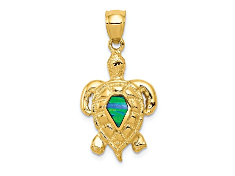 14K Yellow Gold Polished Created Blue Opal Turtle Pendant
