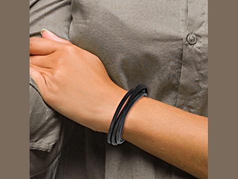 Black Faux Leather and Stainless Steel Polished Multi Strand with 0.5-inch Extension Bracelet
