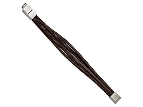 Brown Faux Leather and Stainless Steel Polished Brown Multi Strand with 0.5-inch Extension Bracelet