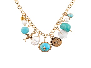 Barse Jewelry Blue Composite Turquoise, Blue Magnesite & White Pearl Charm Gold Tone Necklace