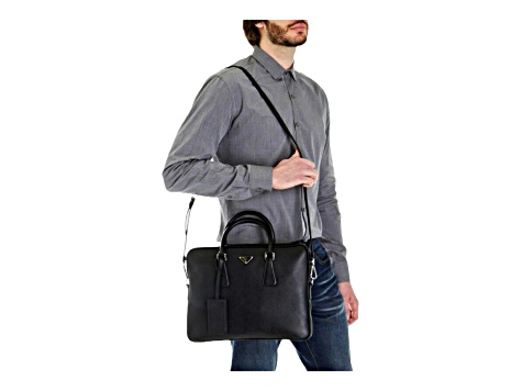 Prada Black Leather Top Zipper Briefcase - 13SXMA | JTV