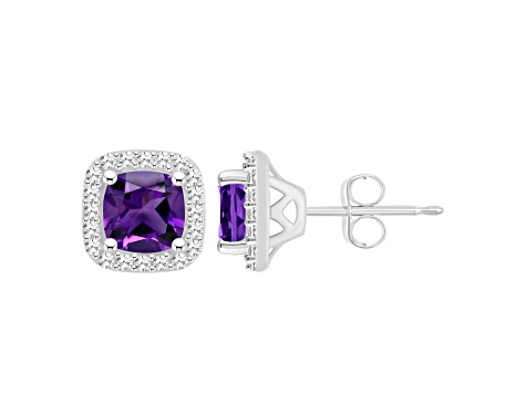 5mm Cushion Amethyst 1/5 ctw Diamond Rhodium Over Sterling Silver Halo Stud Earrings