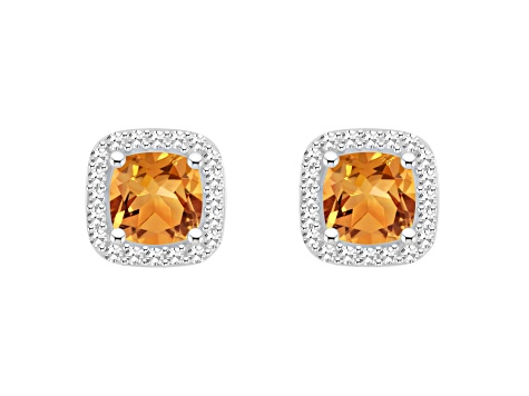 5mm Cushion Citrine 1/5 ctw Diamond Rhodium Over Sterling Silver Halo Stud Earrings