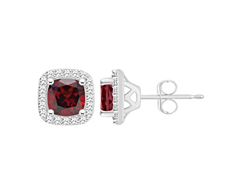 5mm Cushion Garnet 1/5 ctw Diamond Rhodium Over Sterling Silver Halo Stud Earrings