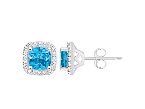 5mm Cushion Blue Topaz 1/5 ctw Diamond Rhodium Over Sterling Silver Halo Stud Earrings