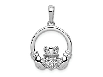 Picture of Rhodium Over 14k White Gold Diamond Claddagh Circle Pendant
